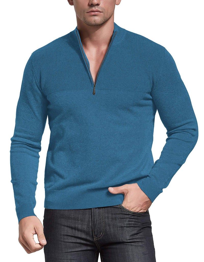 NITAGUT Mens Slim Fit Zip Up Mock Neck Polo Sweater Casual Long Sleeve Sweater and Pullover Sweaters with Ribbing Edge(Blue-M) - Image 3
